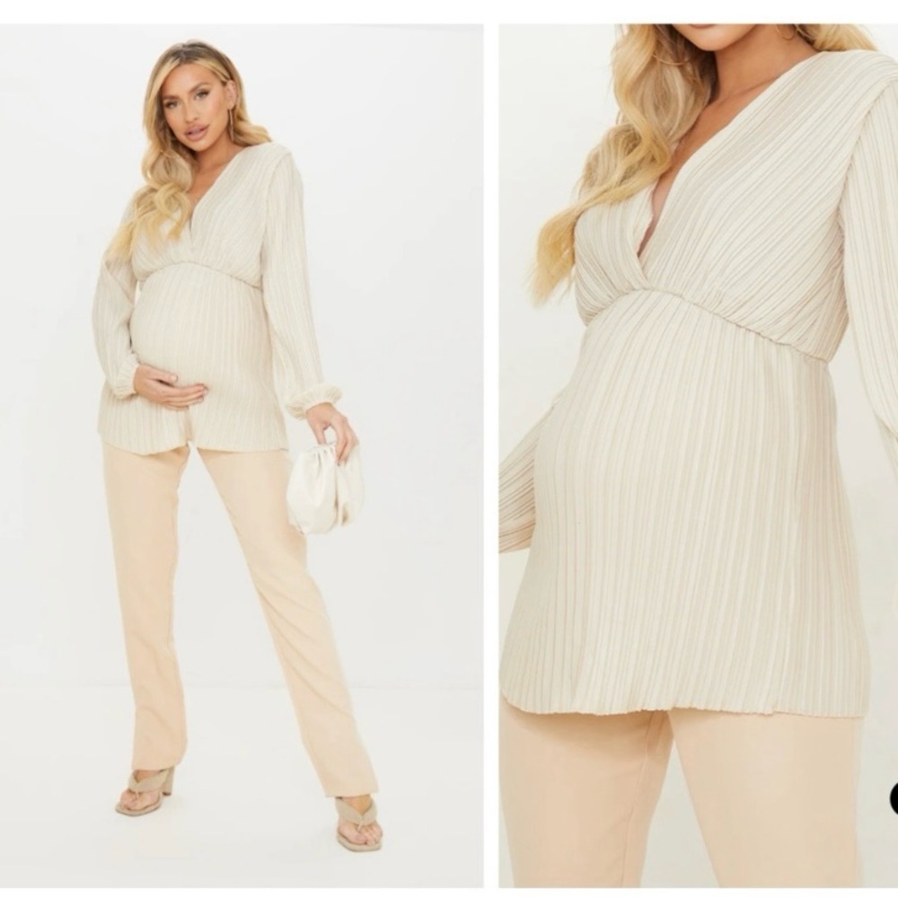 Pretty Little Thing Maternity Ecru Plisse Plunge Blouse New